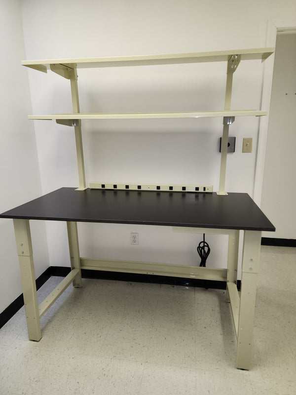Quick Labs 5 foot light duty Mobile lab bench with phenolic resin countertop, (2) upper shelves, undercounter shelf, power strip, and casters (30"D x 60"L x 36"H)--adjustable height | QMBL3060-PR