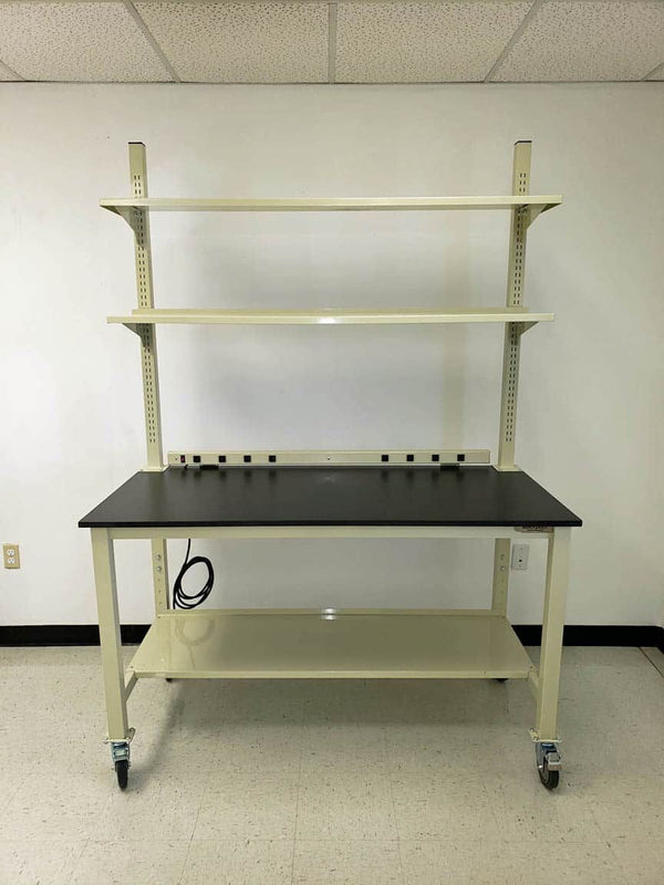 Quick Labs 6 foot heavy duty Modular lab bench with phenolic resin countertop, (2) upper shelves, undercounter shelf, and power strip (30"D x 72"L x 36"H)--adjustable height | QMOH3072-PR