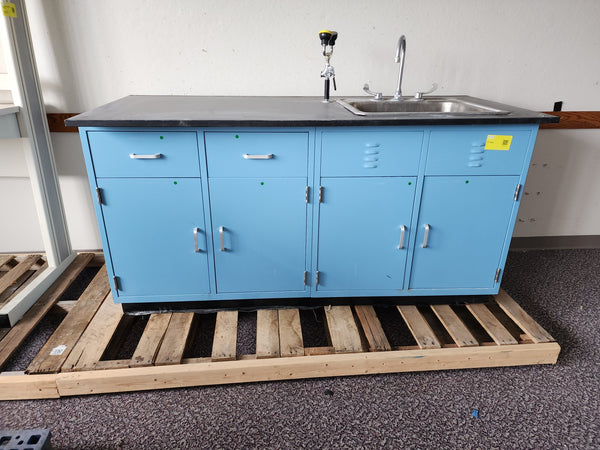 6 foot lab casework wall section with stainless steel sink, faucet and deck mount eye wash (pre-owned)