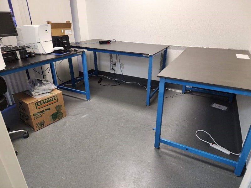 6 foot lab table with black phenolic resin top 72" L x 36" W x 36" H (pre-owned; fixed height legs; color: blue)