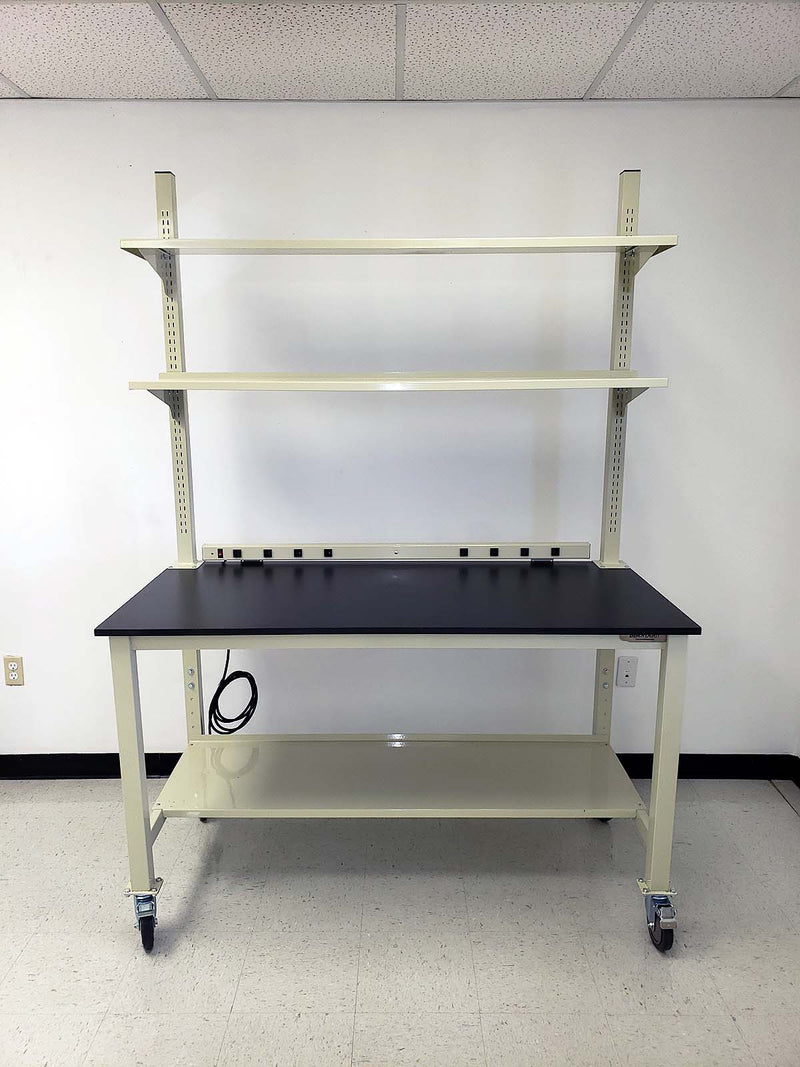 6 foot mobile lab bench with adjustable upper shelves, casters, phenolic resin countertop, power strip, and lower shelf | MBH3072-PR (NEW)
