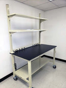 6 foot mobile lab bench with adjustable upper shelves, casters, phenolic resin countertop, power strip, and lower shelf | MBH3072-PR (NEW)