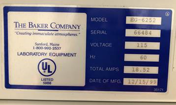 Baker Edgegard EG-6252 laminar flow hood with existing filters and base stand (pre-owned)