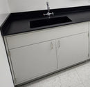 Quick Labs Sink Bench, 107"L x 30"D 6 doors, 4 drawers, sink assembly, standing height, phenolic resin countertop