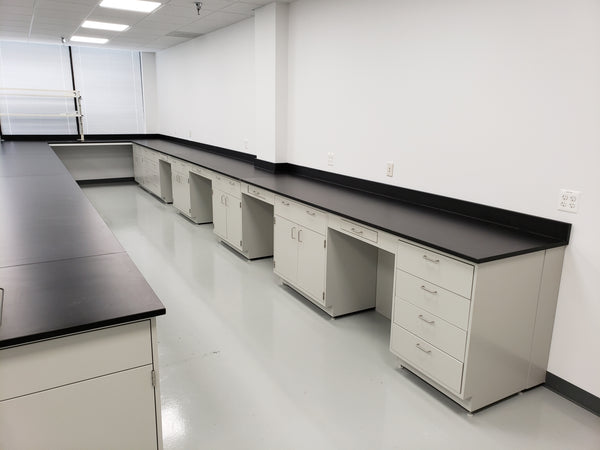 Quick Labs Sink Bench, 107"L x 30"D 6 doors, 4 drawers, sink assembly, standing height, phenolic resin countertop