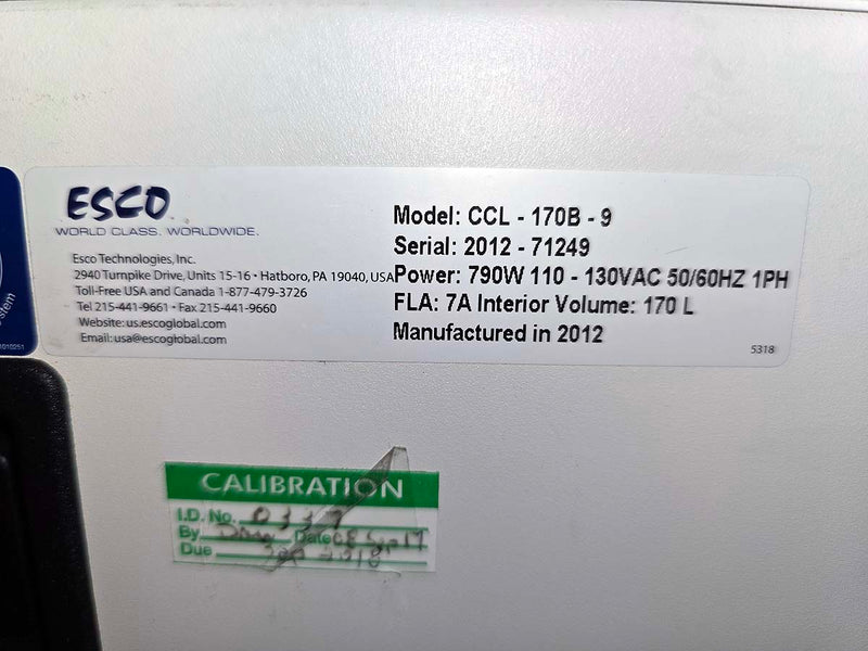 ESCO CelCulture CO2 incubator Model CCL-170B-9 170L (2012) (Pre-owned)