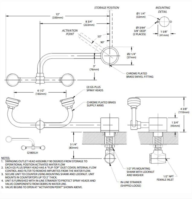 Guardian G1805 eyewash station, deck mounted, autoflow, swivel, right hand mount (NEW)