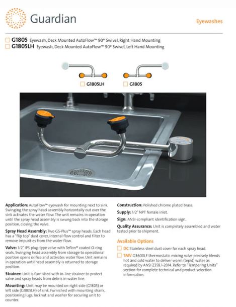 Guardian G1805 eyewash station, deck mounted, autoflow, swivel, right hand mount (NEW)
