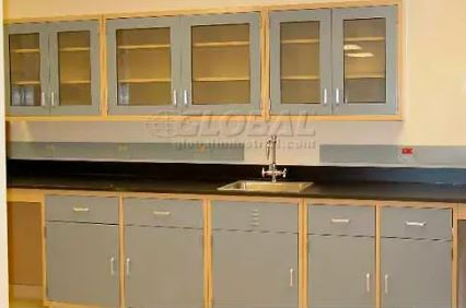 Lab Design Sink Bench, 107"L x 30"D 6 doors, 4 drawers, sink assembly, standing height, phenolic resin countertop