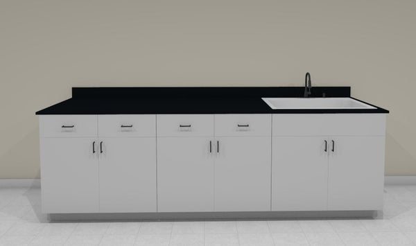 Lab Design Sink Bench, 107"L x 30"D 6 doors, 4 drawers, sink assembly, standing height, phenolic resin countertop