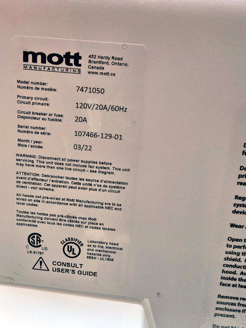 Mott SafeGuard Model 7471050 6 foot chemical fume hood package (Yr 2018) (Unused)