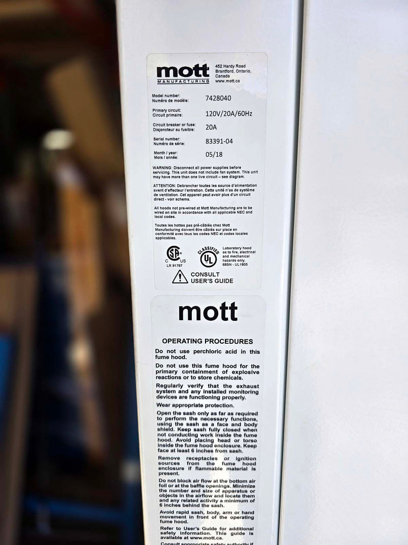 Mott SafeGuard 6 foot Stainless Steel lined chemical fume hood package (Yr 2018) (Unused)