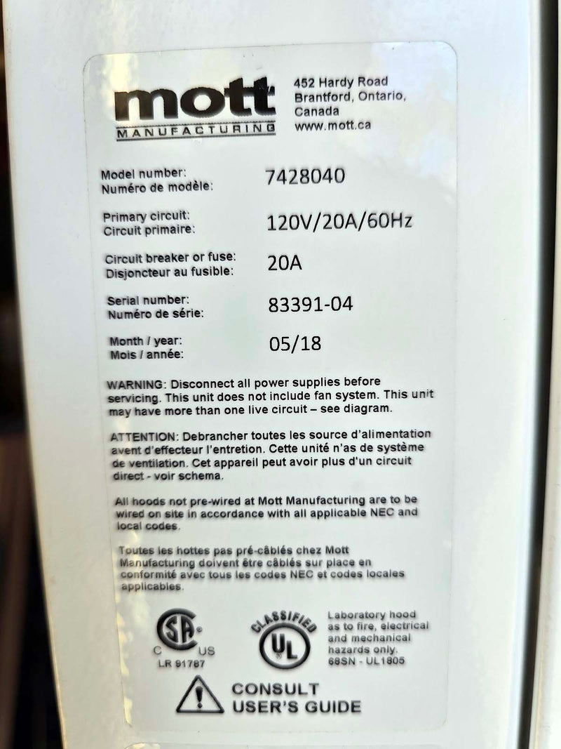 Mott SafeGuard 6 foot Stainless Steel lined chemical fume hood package (Yr 2018) (Unused)