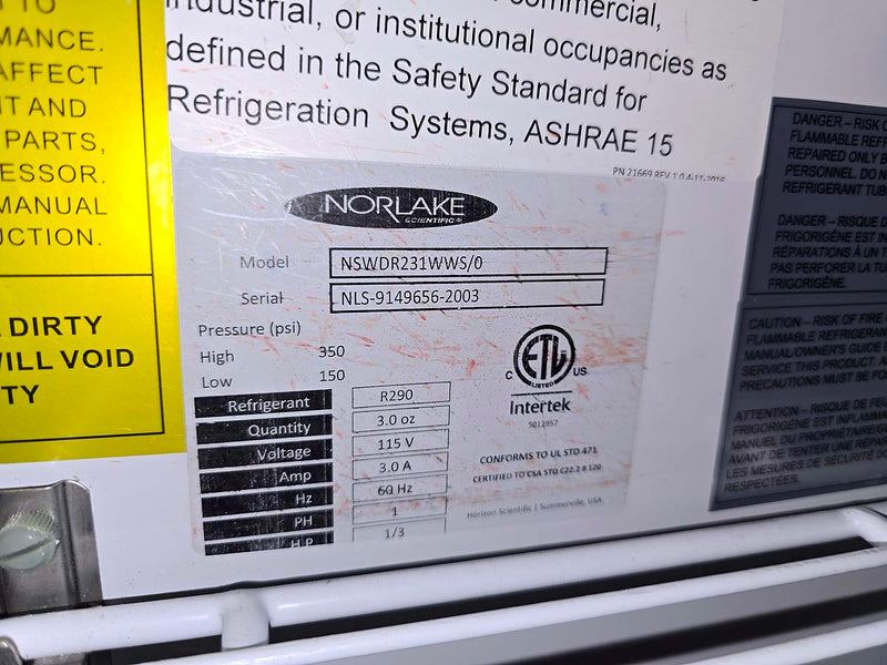 Norlake NSWDR231WWS/0 solid door laboratory refrigerator 23 cu. ft. (Pre-owned)