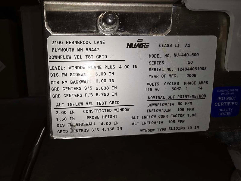 NuAire NU440-600 6 foot Type A2 biological safety cabinet with stand and UV fixture (Year 2008)