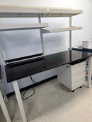 Kewaunee Element 6 foot modular bench with resin countertop, (2) upper shelves, power strip, and rolling 3 drawer cabinet with phenolic top (pre-owned)