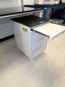 Kewaunee Element 6 foot modular bench with resin countertop, (2) upper shelves, power strip, and rolling 3 drawer cabinet with phenolic top (pre-owned)