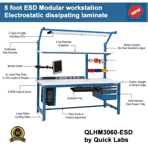 ESD heavy duty modular lab bench 5 foot | Quick Labs QLHM3060-ESD (30"D x 60"L x 36"H) (NEW)