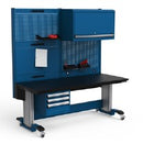 6 foot Elevatek adjustable height mobile workstation with electric height adjustment, plastic laminate top, drawers, overhead cabinet, power strip, and pegboard panels (72"L x 30"D) | Rousseau Model EK27LH-ED1005