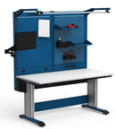 5 foot Elevatek adjustable height workstation with electric height adjustment, ESD top, overhead LED light fixture, monitor articulating arm, power strips, tool trays/shelves, and pegboard panels (60"L x 30"D) | Rousseau Model EK24KH-ED2003