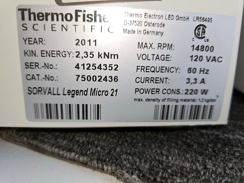 (2011) Sorvall Legend Micro 21 microcentrifuge with 24 x 1.5/2.0ml rotor | Discount price (Pre-owned)