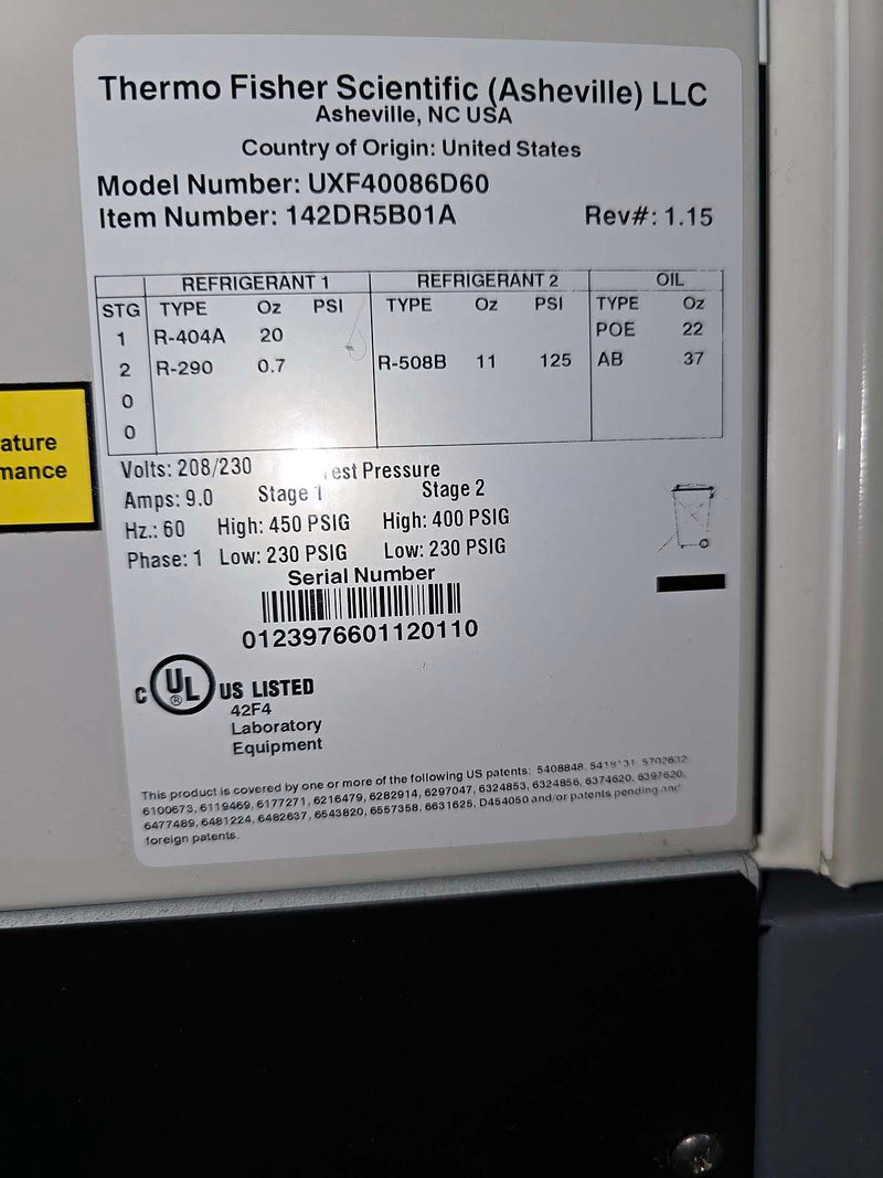Thermo Scientific ULT freezer -86C freezer (19 cu. ft) 208-230V | Model TSX40086D60 (pre-owned)