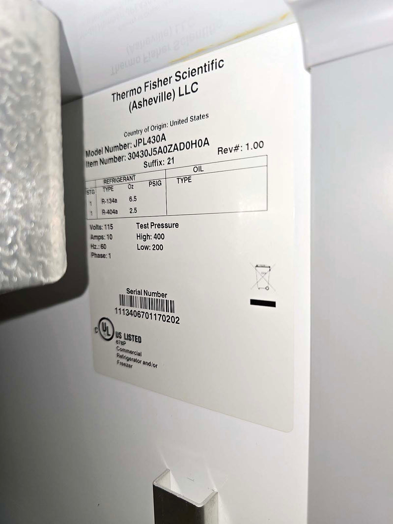 Thermo Scientific Jewett JPL430A high performance plasma freezer 4.7 cu. ft. (Unused)