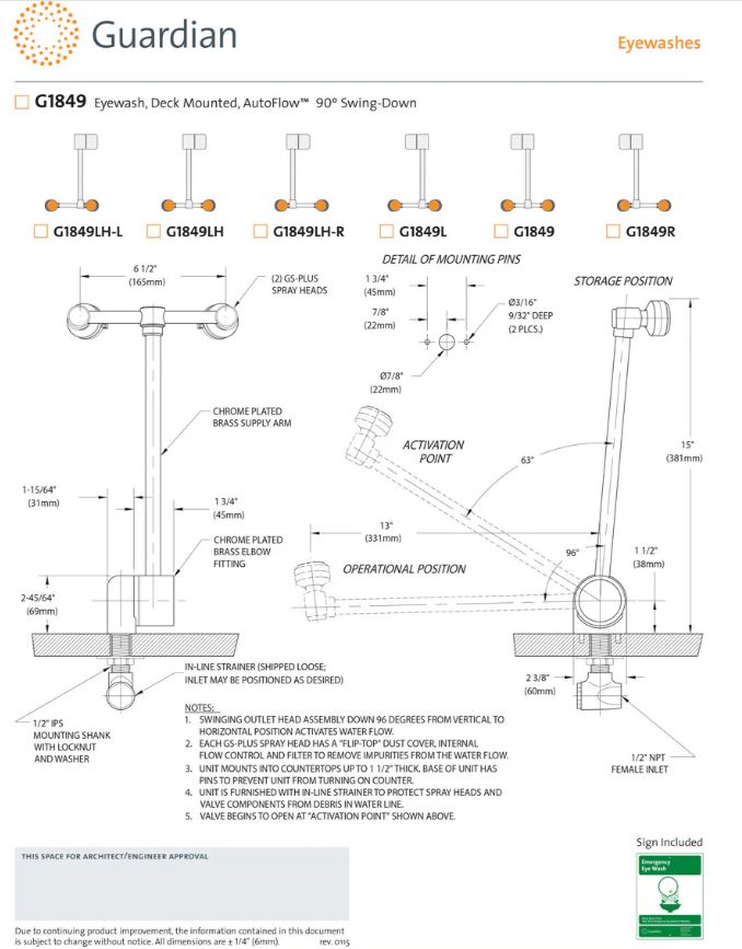 Guardian G1849 eyewash station, deck mounted, autoflow, swing down, right hand mount (NEW)