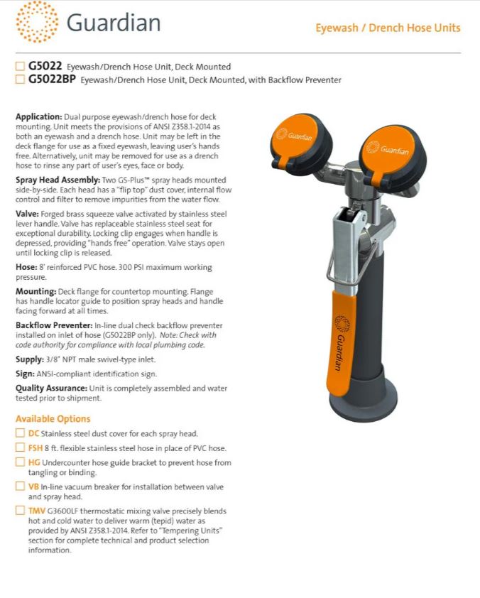 Guardian G5022 eyewash station, drench style, deck mounted, autoflow (NEW)