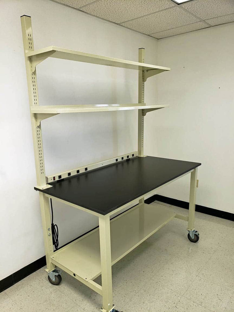 Quick Labs 8 foot heavy duty Modular lab bench with phenolic resin countertop, (2) upper shelves, undercounter shelf, and power strip (30"D x 96"L x 36"H)--adjustable height | QMOH3096-PR