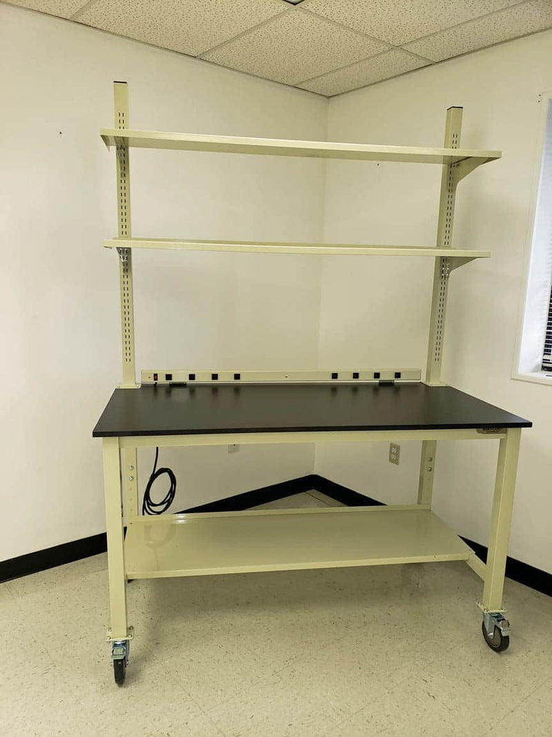 Quick Labs 8 foot heavy duty Modular lab bench with phenolic resin countertop, (2) upper shelves, undercounter shelf, and power strip (30"D x 96"L x 36"H)--adjustable height | QMOH3096-PR
