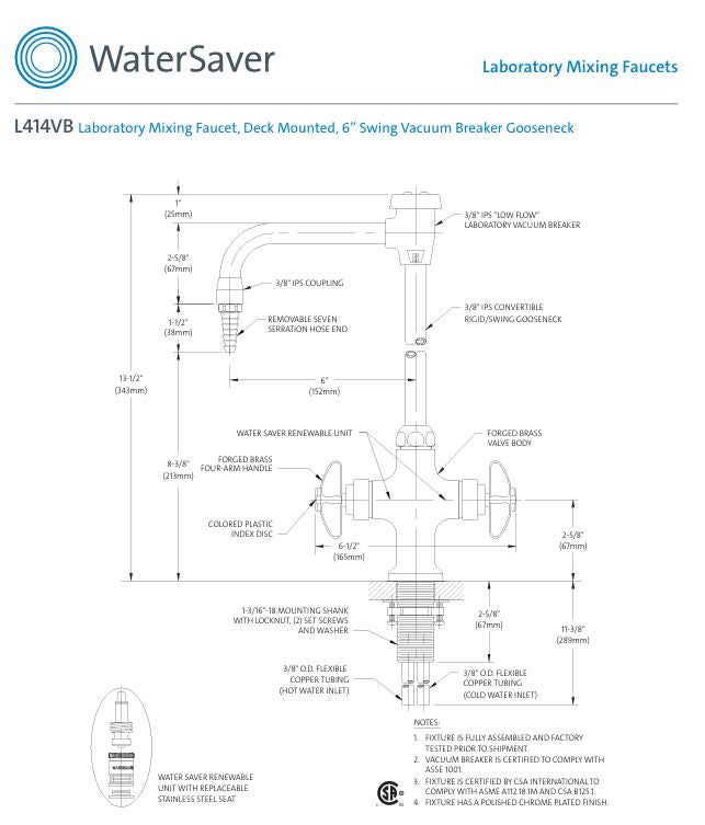 Laboratory water faucet with vacuum break | Watersaver Model L414-VB (NEW)