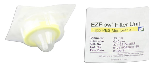 Foxx Life Sciences 371-3215-OEM EZFlow  Syringe Filter, 0.45µm PES, 25mm, Sterile, 100/pack - Government Lab Enterprises