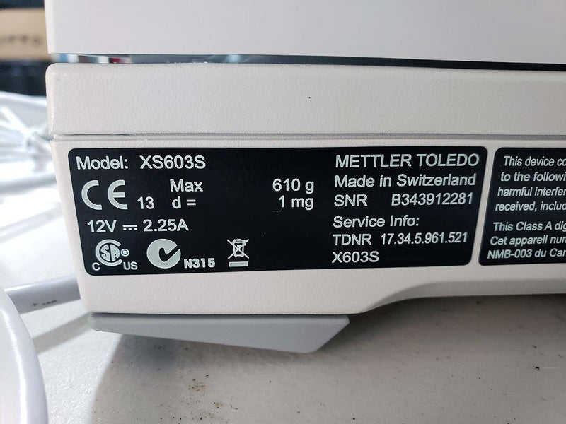 Mettler Toledo XS603S Toploading Balance (610g x 1mg) with internal calibration and draftshield (Pre-owned)