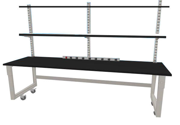 Quick Labs 8 foot light duty modular lab bench with phenolic resin countertop, (2) upper shelves, and power strip (30"D x 96"L x 36"H)--adjustable height | QMOL3096-PR