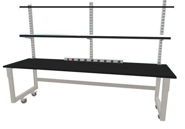Quick Labs 8 foot light duty modular lab bench with plastic laminate countertop, (2) upper shelves, and power strip (30"D x 96"L x 36"H)--adjustable height | QMOL3096-PL