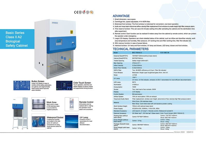 2 foot Class II Type A2 Biosafety Cabinet with UV light, HEPA filter, Stand, Exhaust Connection Collar & Duct, & CE certificate (ships 8-10 weeks ARO)